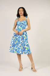 Organic Cotton Corset Midi Dress in Blue Painted Floral